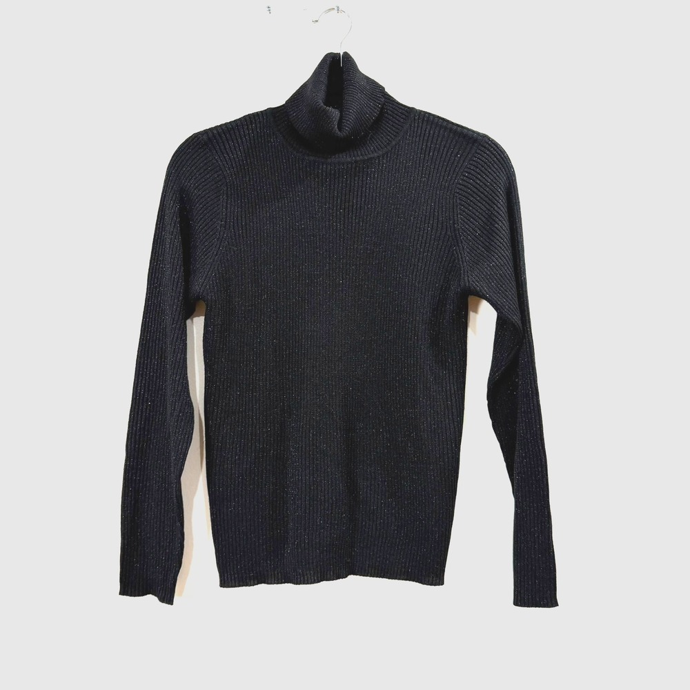 JOSEPH A. Women Ribbed Turtleneck Sweater Silk Black Metallic Long Sleeves Siz M